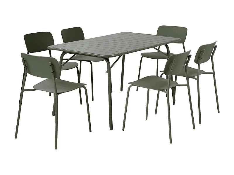 Table de jardin pliante métal + 6 assises kaki. Amelia + Liva 141.2 x 80 x 72.5cm