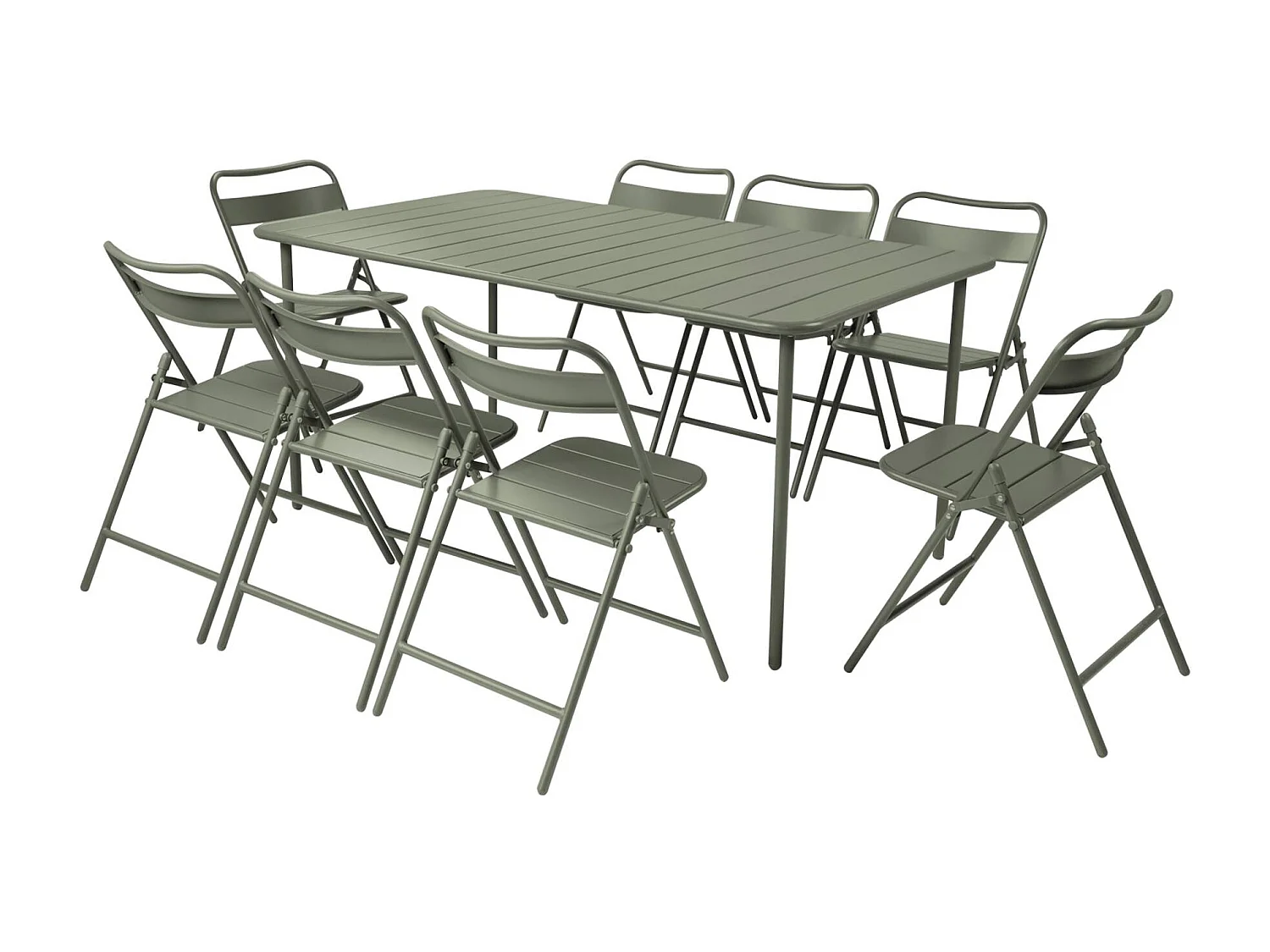 Table de jardin métal + 8 assises kaki. Amelia 160 x 90 x H 72.5cm