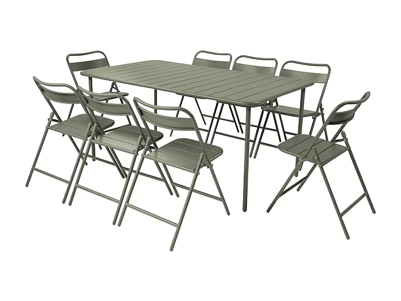 Table de jardin métal + 8 assises kaki. Amelia 160 x 90 x H 72.5cm