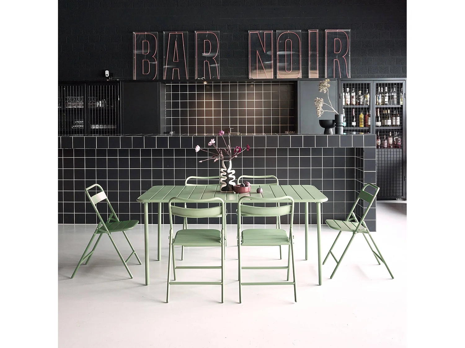 Tavolo da giardino in metallo + 6 sedute, verde