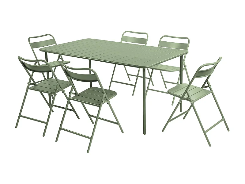 Table de jardin métal + 6 assises vert. Amelia 160 x 90 x H 72.5cm