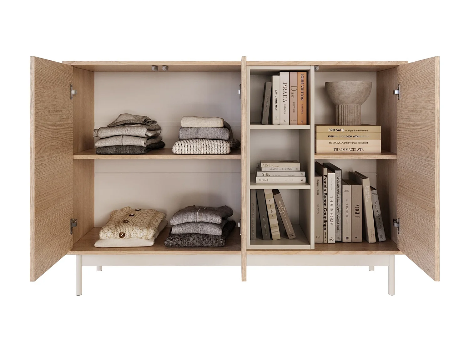 Buffet 3 portes avec trois niches ouvertes – 138 cm – chêne / gris cachemire – LAYEN