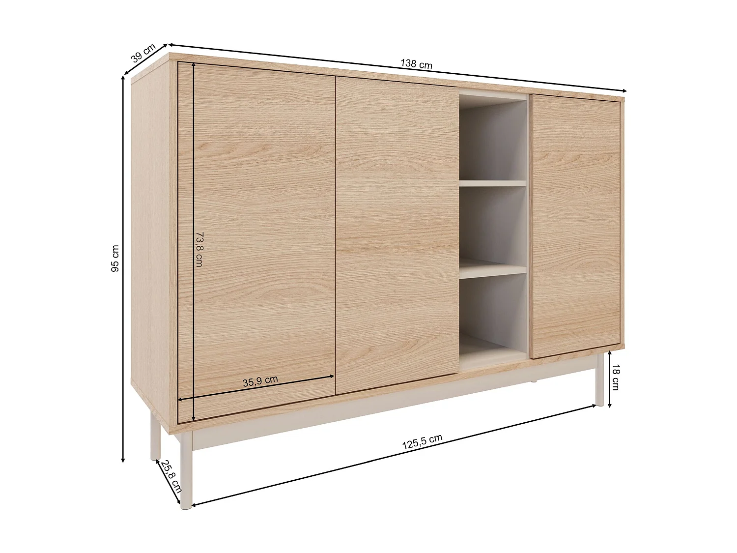 Buffet 3 portes avec trois niches ouvertes – 138 cm – chêne / gris cachemire – LAYEN