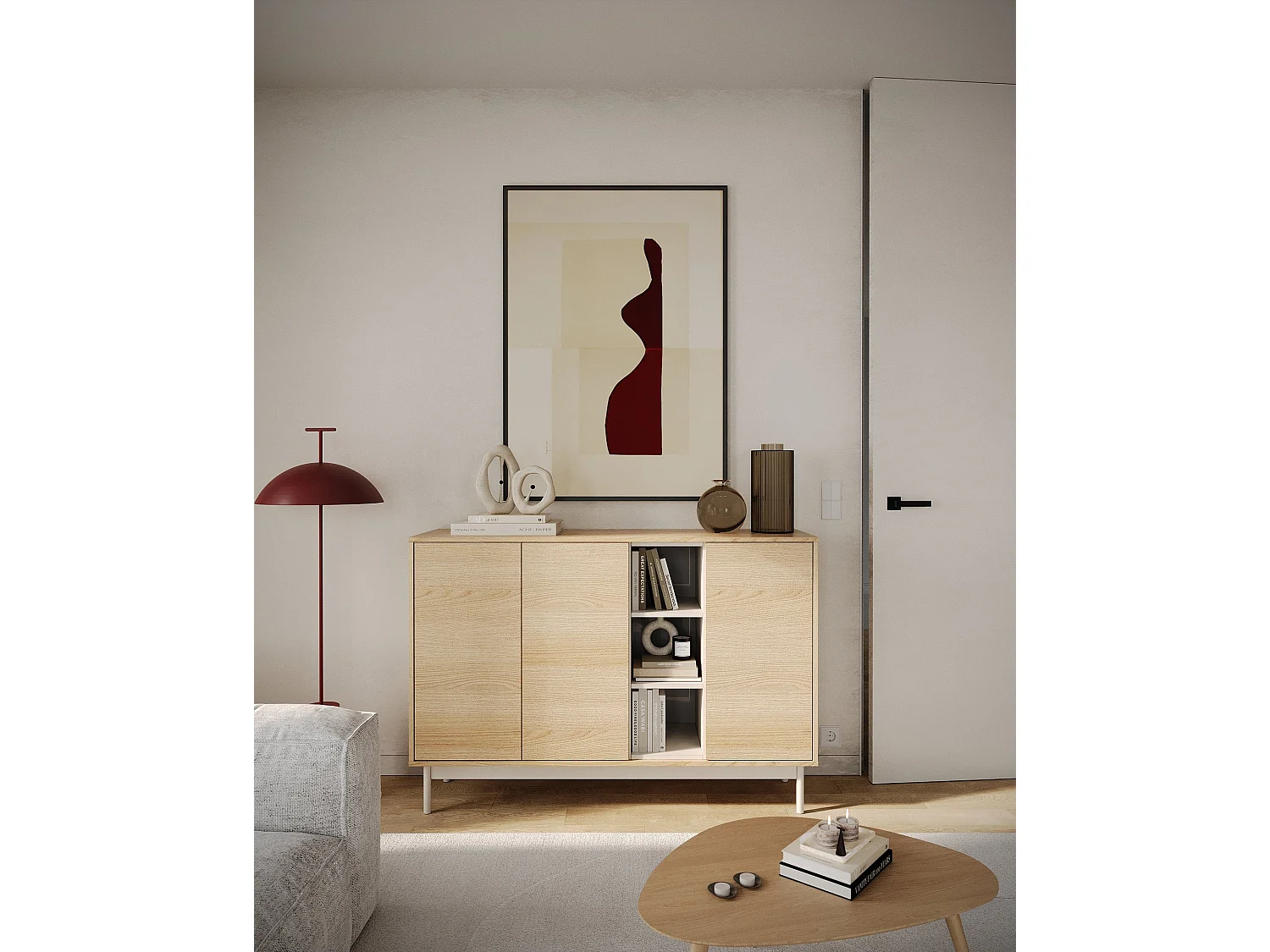 Sideboard 3-türig mit drei offenen Fächern – Eichenholzoptik / Kaschmirgrau – 138 cm – LAYEN