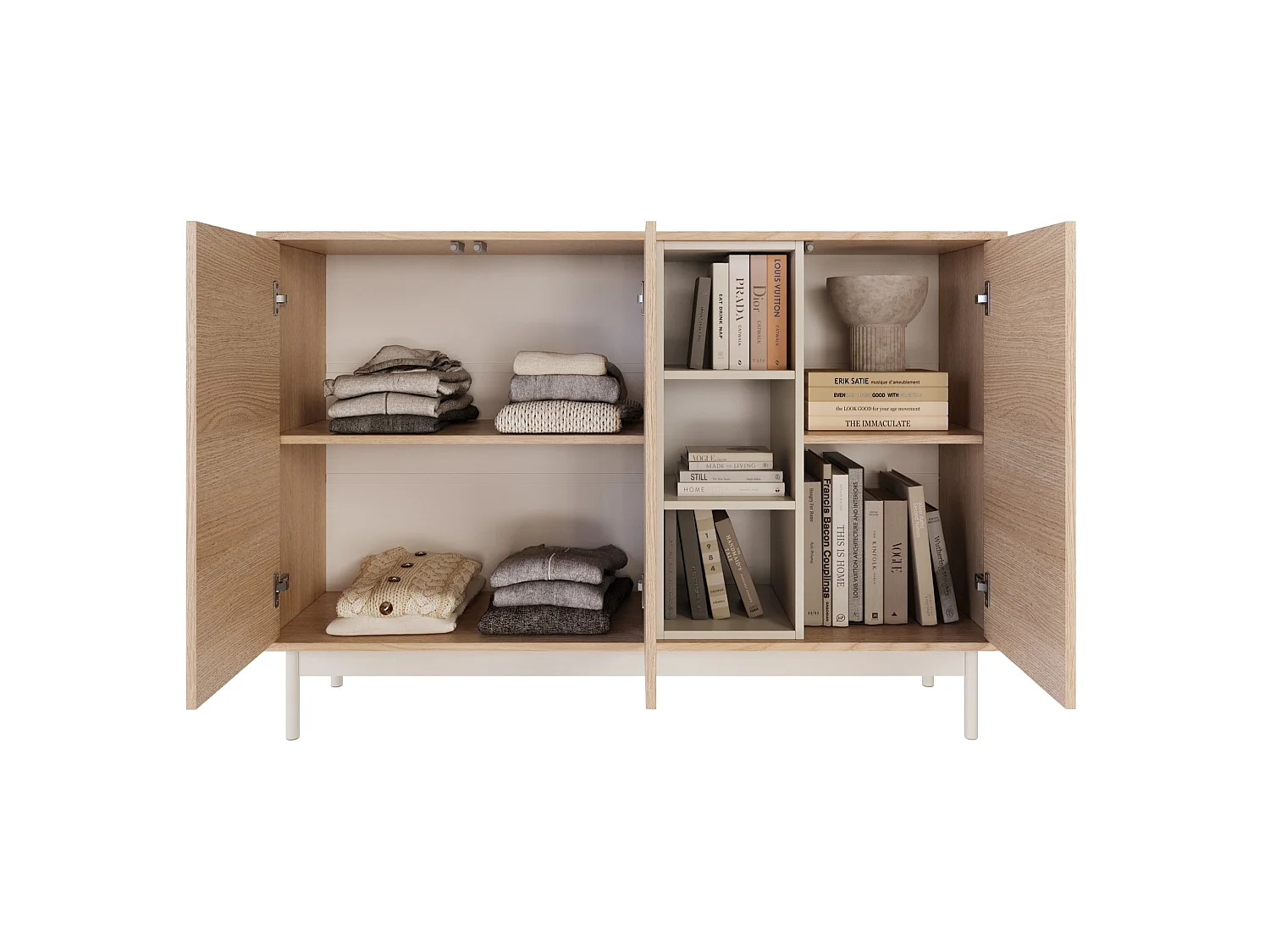 Sideboard 3-türig mit drei offenen Fächern – Eichenholzoptik / Kaschmirgrau – 138 cm – LAYEN