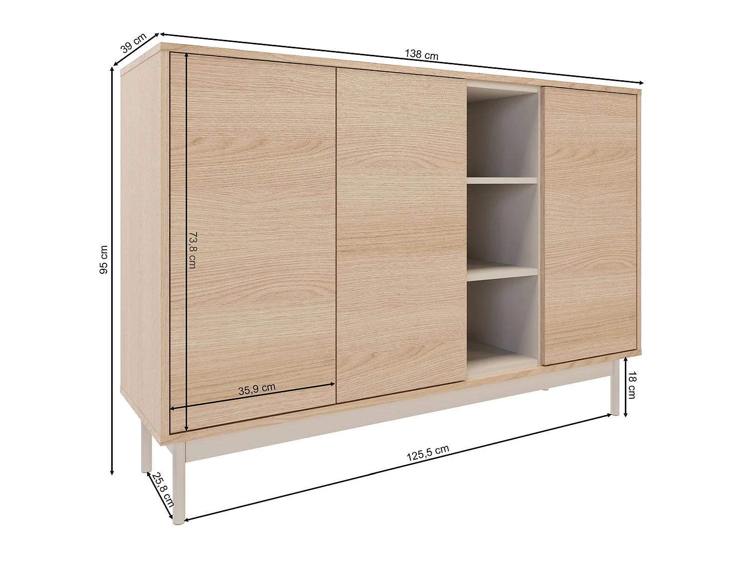 Sideboard 3-türig mit drei offenen Fächern – Eichenholzoptik / Kaschmirgrau – 138 cm – LAYEN