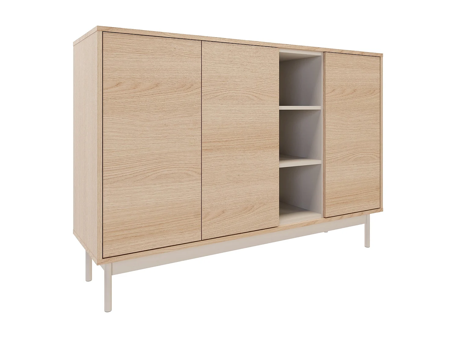 Sideboard 3-türig mit drei offenen Fächern – Eichenholzoptik / Kaschmirgrau – 138 cm – LAYEN