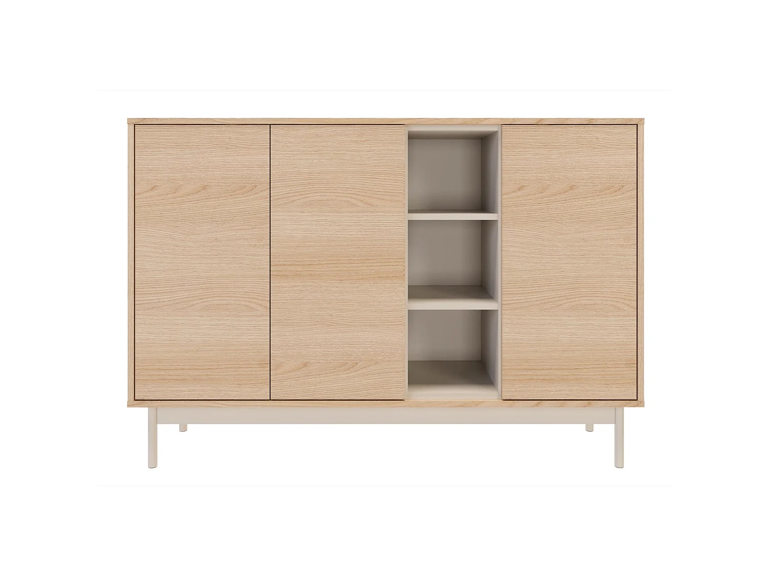 Sideboard 3-türig mit drei offenen Fächern – Eichenholzoptik / Kaschmirgrau – 138 cm – LAYEN