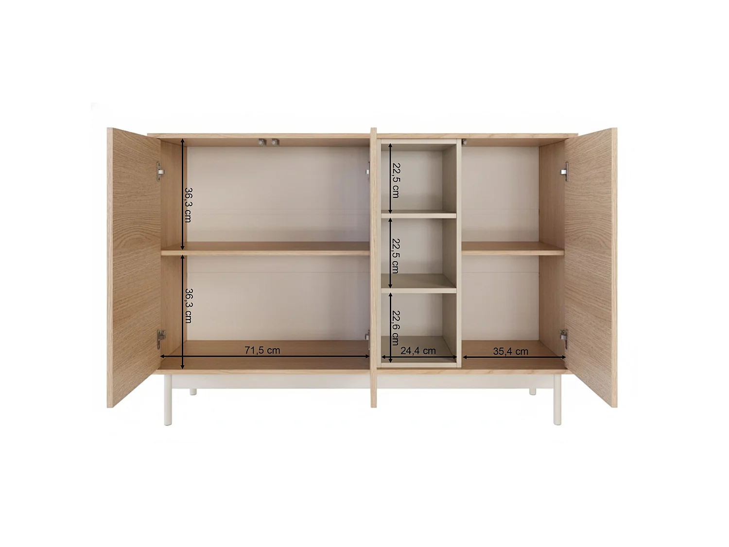 Sideboard 3-türig mit drei offenen Fächern – Eichenholzoptik / Kaschmirgrau – 138 cm – LAYEN