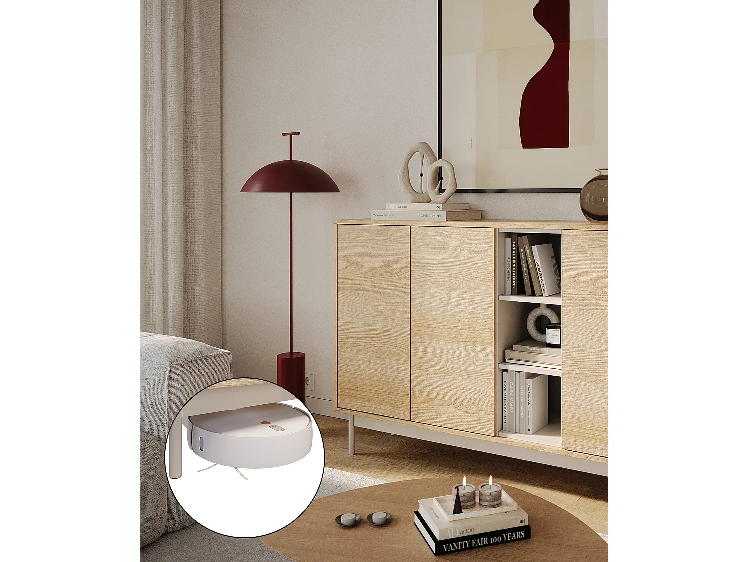 Buffet 3 portes avec trois niches ouvertes – 138 cm – chêne / gris cachemire – LAYEN