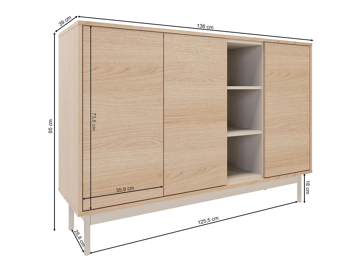 Buffet 3 portes avec trois niches ouvertes – 138 cm – chêne / gris cachemire – LAYEN