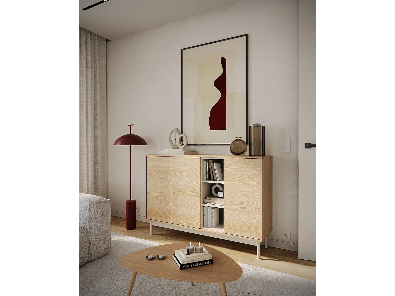 Buffet 3 portes avec trois niches ouvertes – 138 cm – chêne / gris cachemire – LAYEN