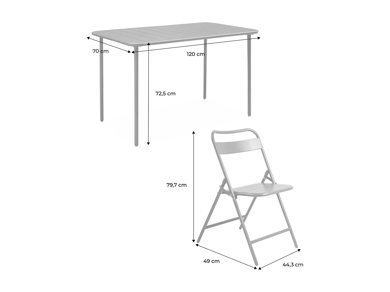 Table de jardin métal + 4 assises anthracite. Amelia L 120 x 70 x 72.5cm