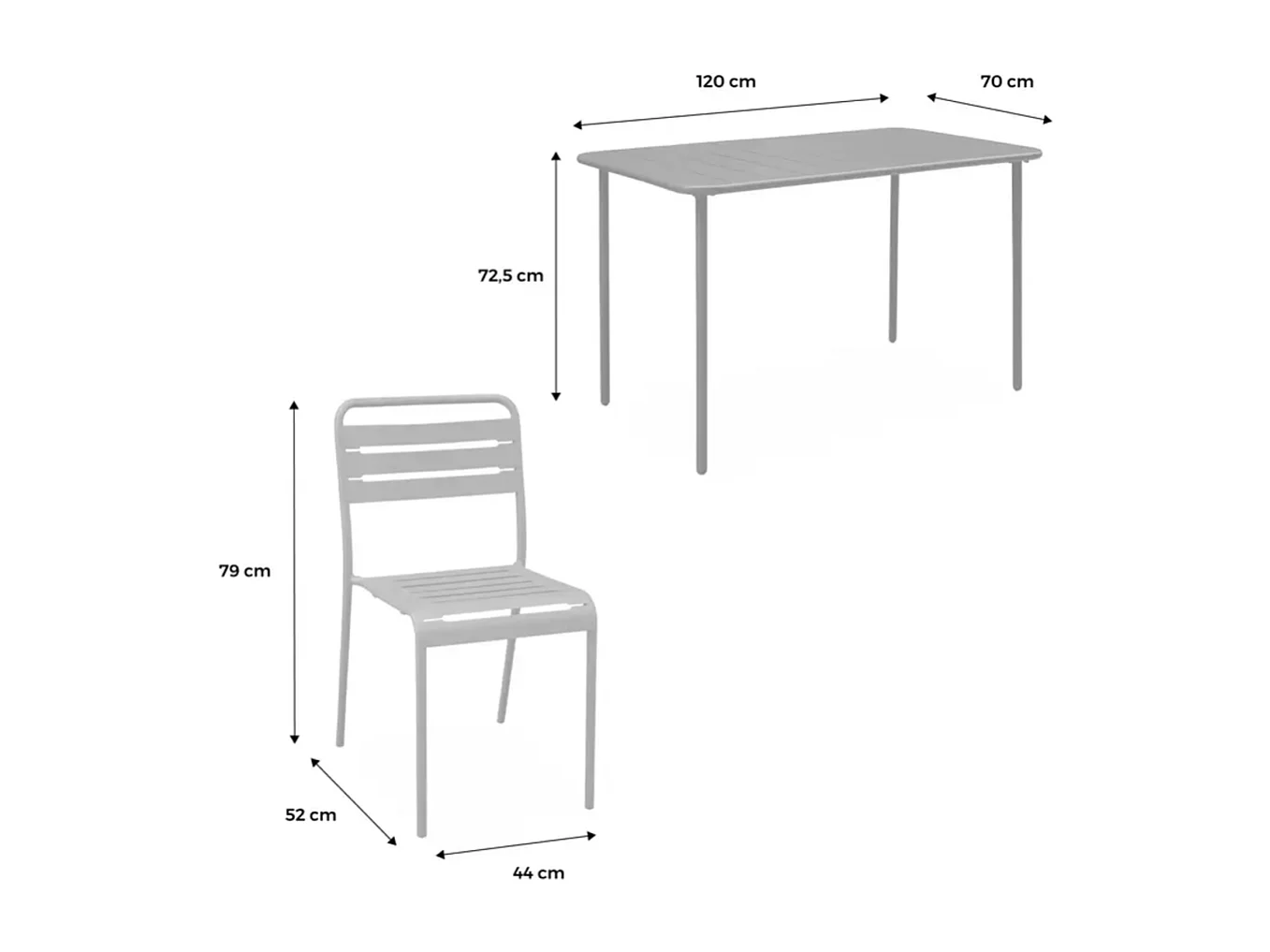 Table de jardin métal + 4 assises anthracite. Amelia L 120 x 70 x 72.5cm