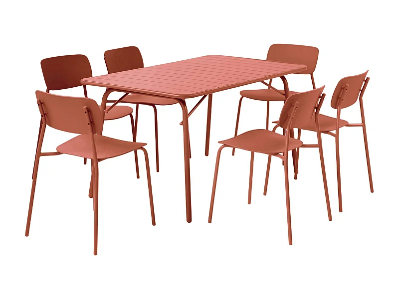 Table de jardin pliante métal + 6 assises terracotta. Amelia + Liva 141.2 x 80 x 72.5cm