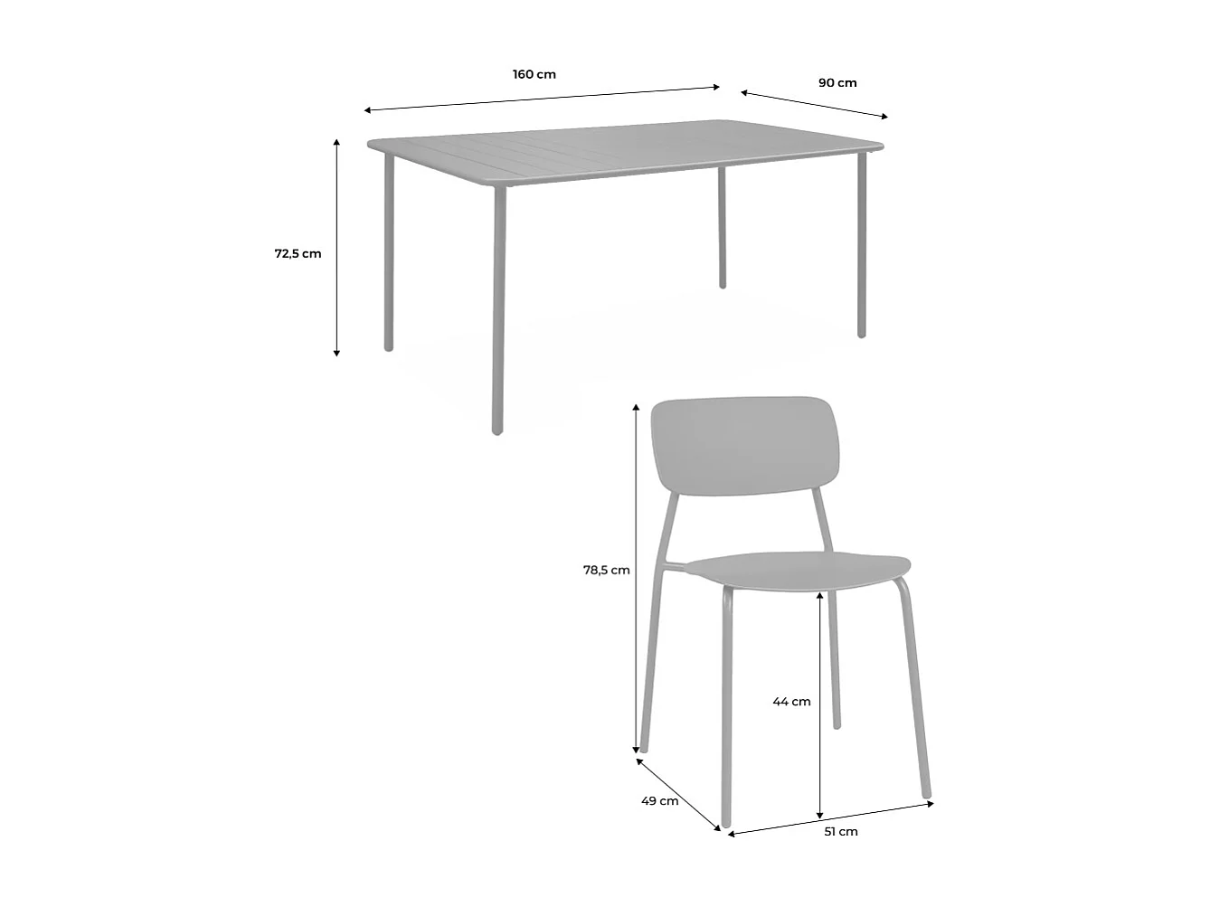 Table de jardin métal + 6 assises anthracite. Amélia + Liva 160 x 90 x 72.5cm