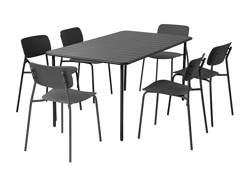 Table de jardin métal + 6 assises anthracite. Amélia + Liva 160 x 90 x 72.5cm