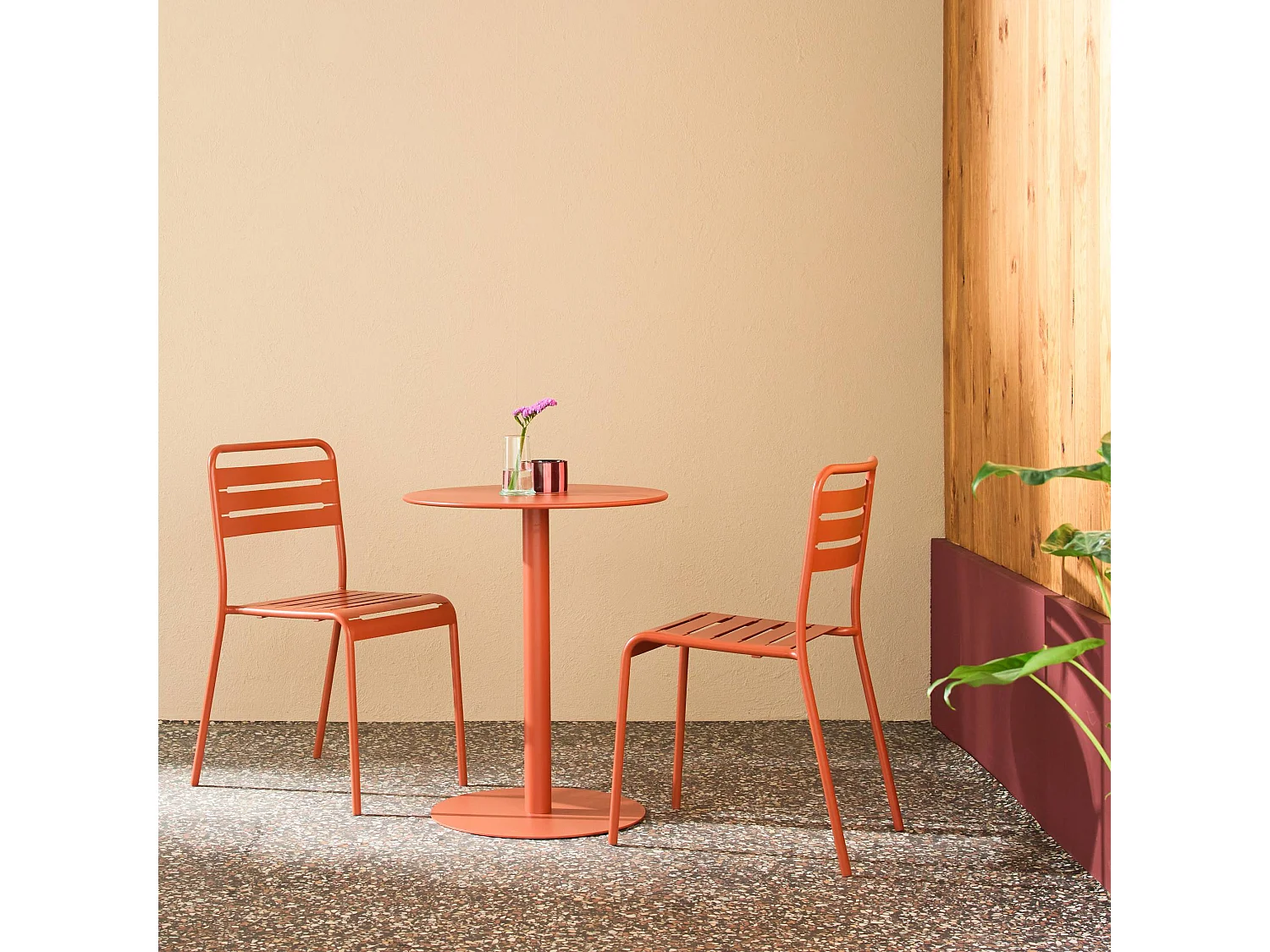 Table de jardin bistrot ronde acier + 2 assises Ø60cm terracotta - Orea + Amélia