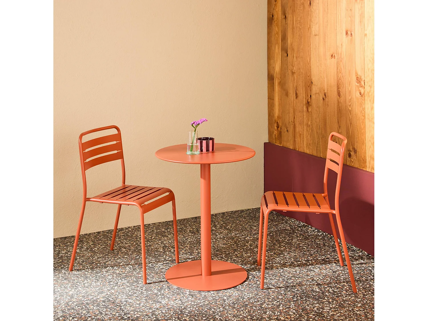 Table de jardin bistrot ronde acier + 2 assises Ø60cm terracotta - Orea + Amélia
