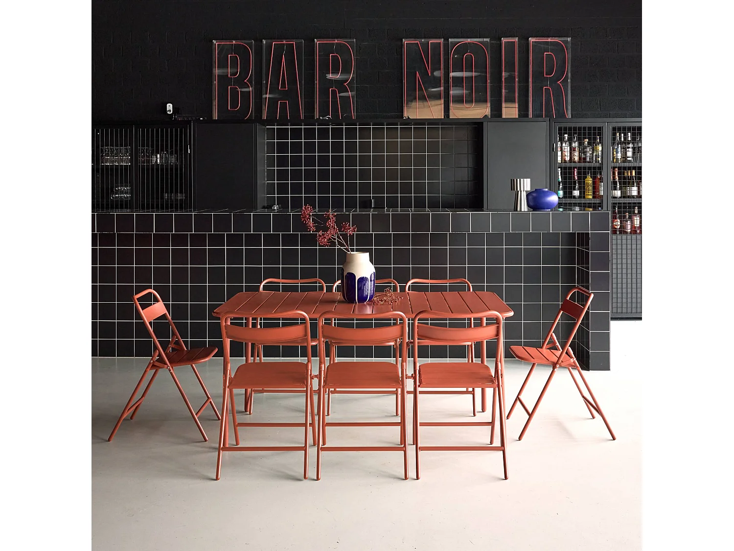 Table de jardin métal + 8 assises terracotta. Amelia 160 x 90 x H 72.5cm