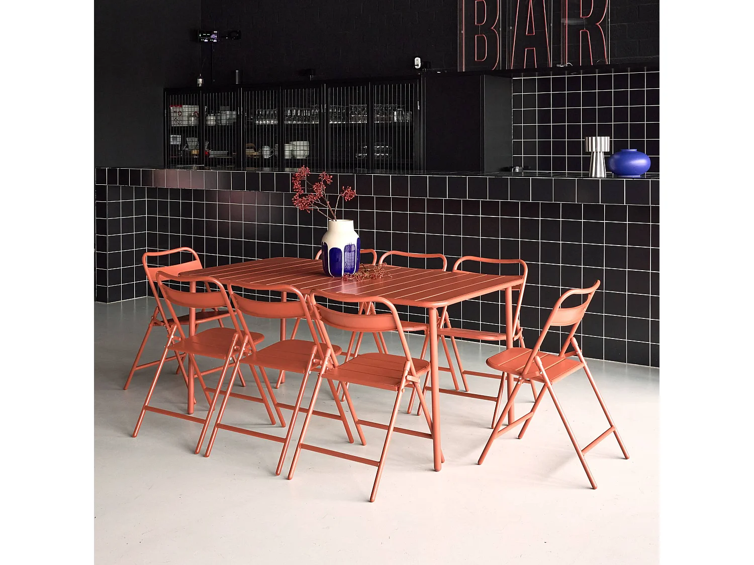 Table de jardin métal + 8 assises terracotta. Amelia 160 x 90 x H 72.5cm