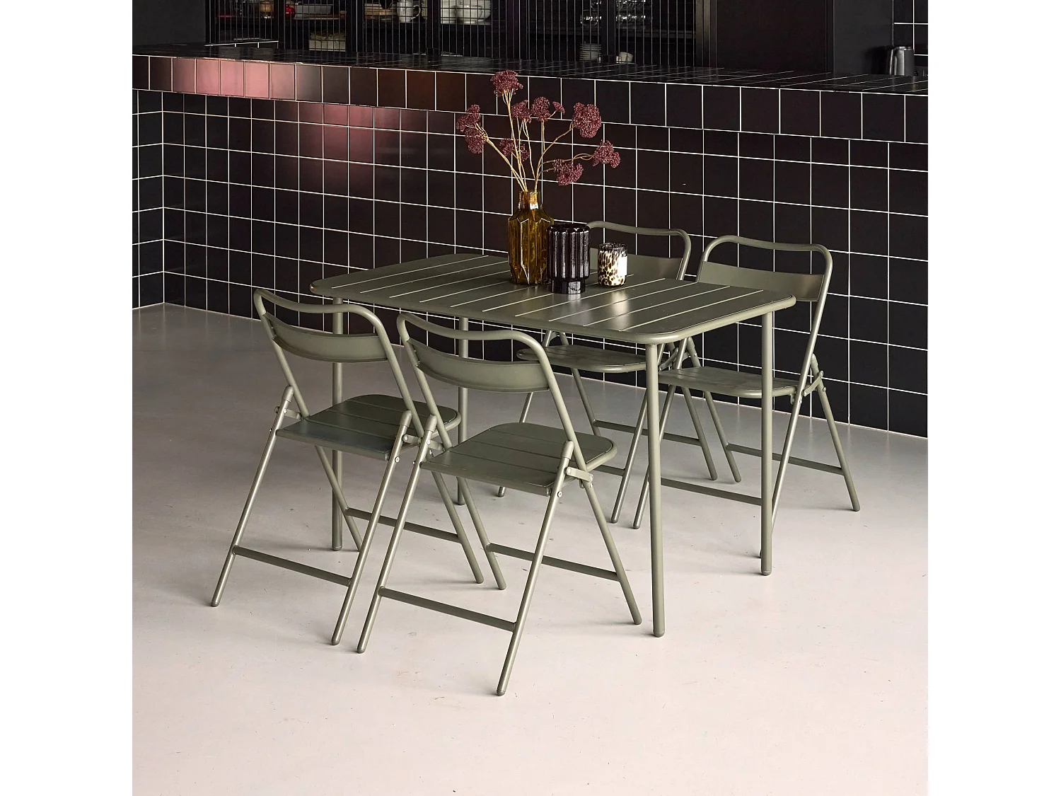 Tavolo da giardino in metallo 4 sedute, 120cm, verde kaki