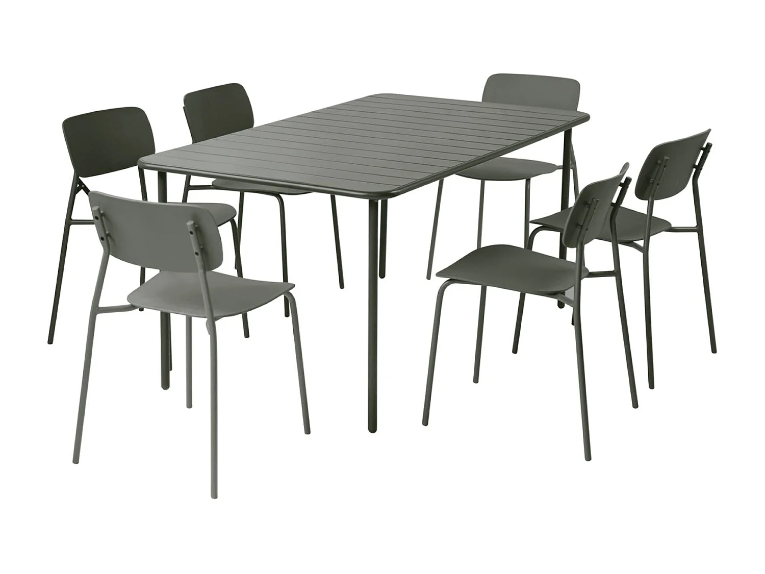 Table de jardin métal + 6 assises kaki. Amélia + Liva 160 x 90 x 72.5cm