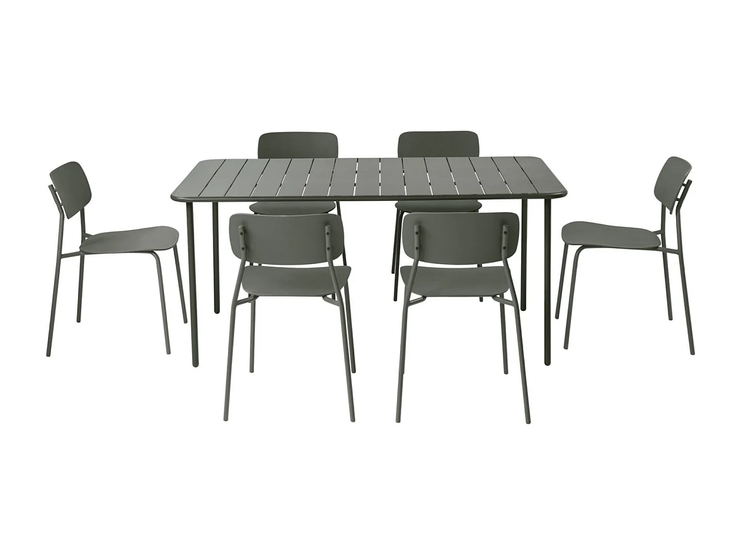 Table de jardin métal + 6 assises kaki. Amélia + Liva 160 x 90 x 72.5cm