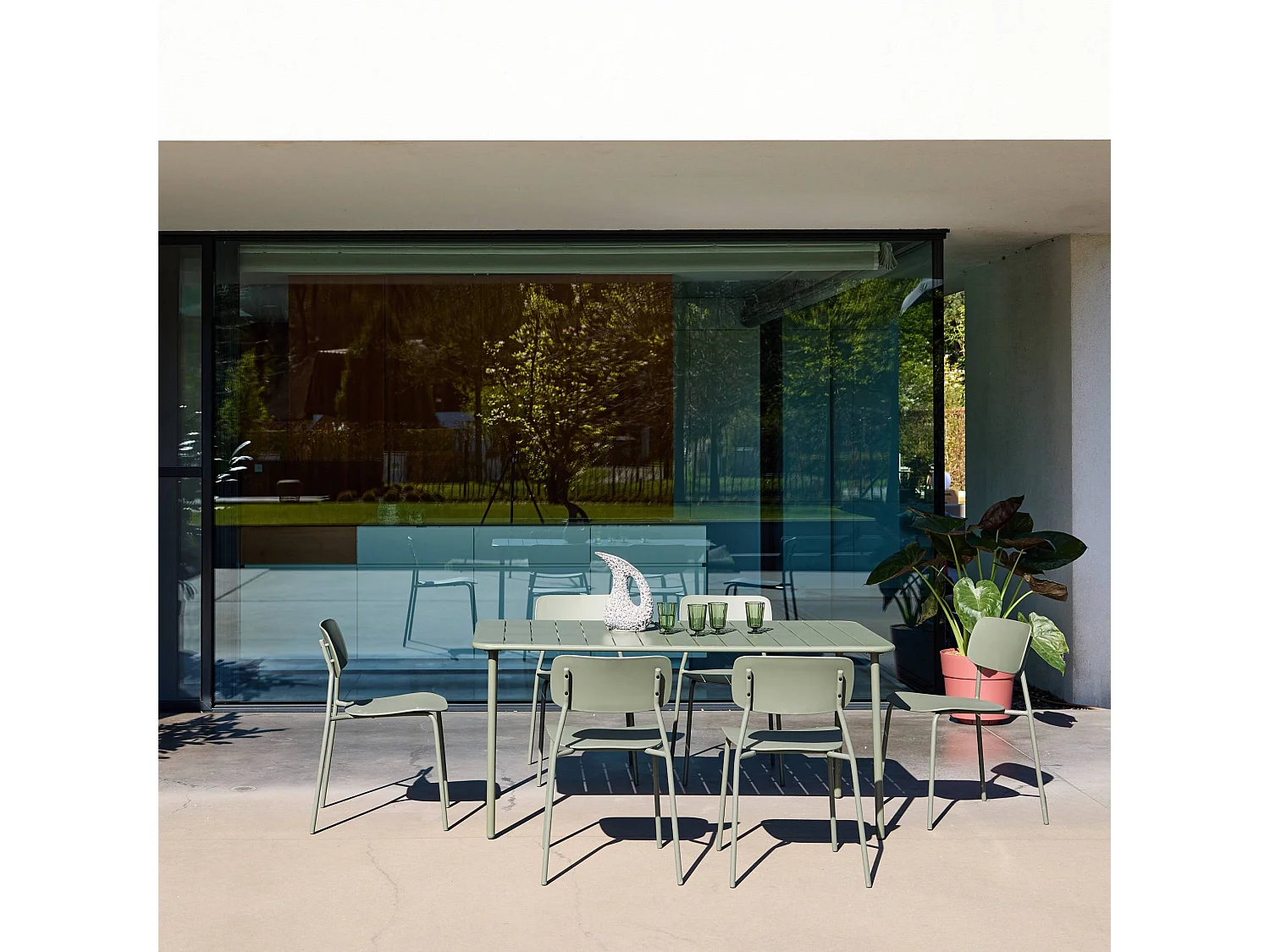 Set tavolo da giardino in metallo con 6 sedie, verde kaki