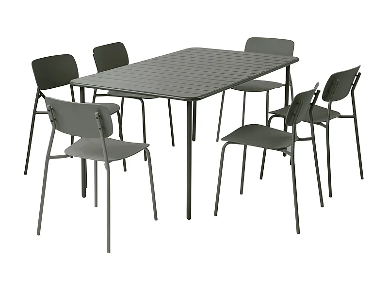 Table de jardin métal + 6 assises kaki. Amélia + Liva 160 x 90 x 72.5cm