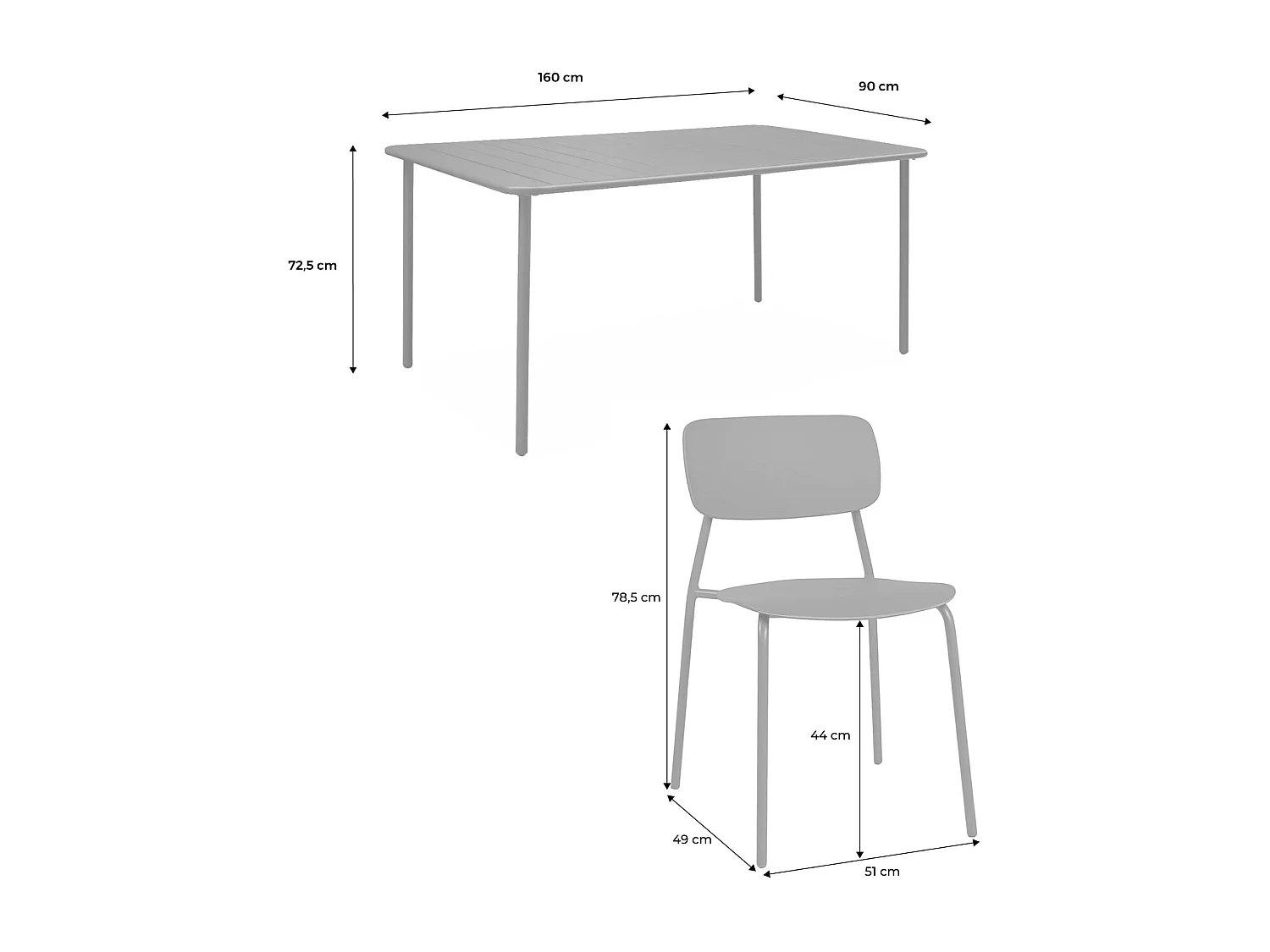 Table de jardin métal + 6 assises terracotta. Amélia + Liva 160 x 90 x 72.5cm