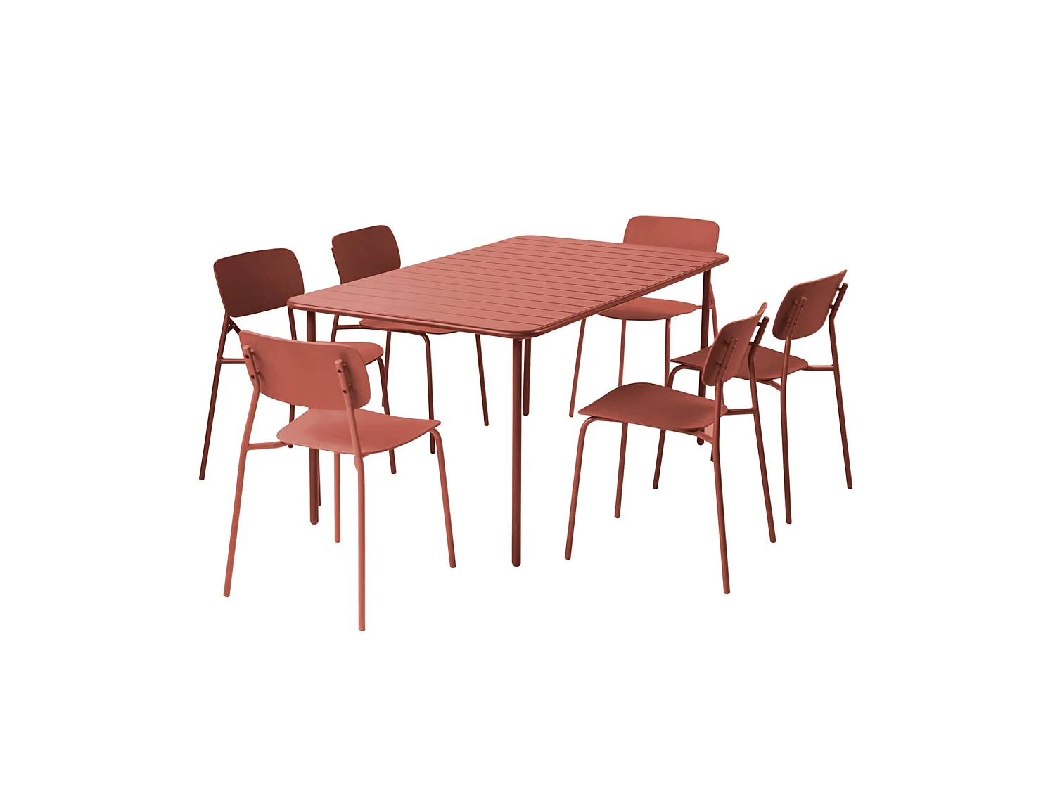 Table de jardin métal + 6 assises terracotta. Amélia + Liva 160 x 90 x 72.5cm