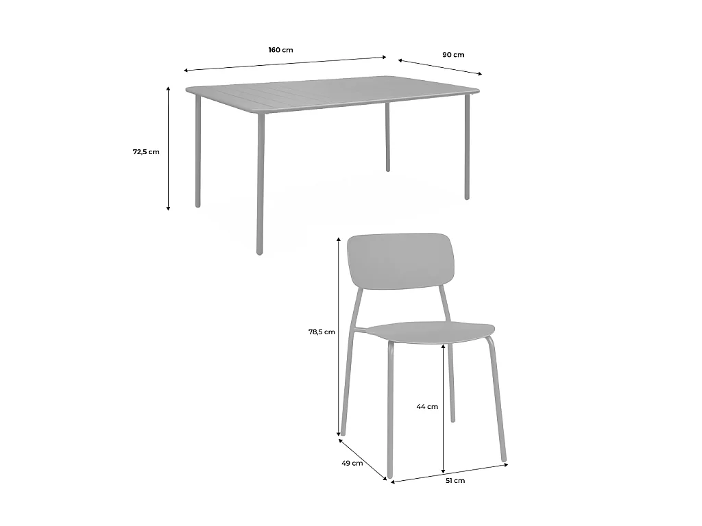 Table de jardin métal + 6 assises terracotta. Amélia + Liva 160 x 90 x 72.5cm