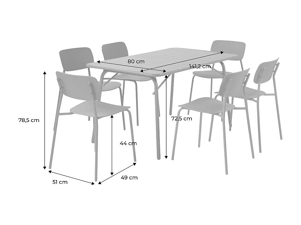 Table de jardin pliante métal + 6 assises anthracite. Amelia + Liva 141.2 x 80 x 72.5cm