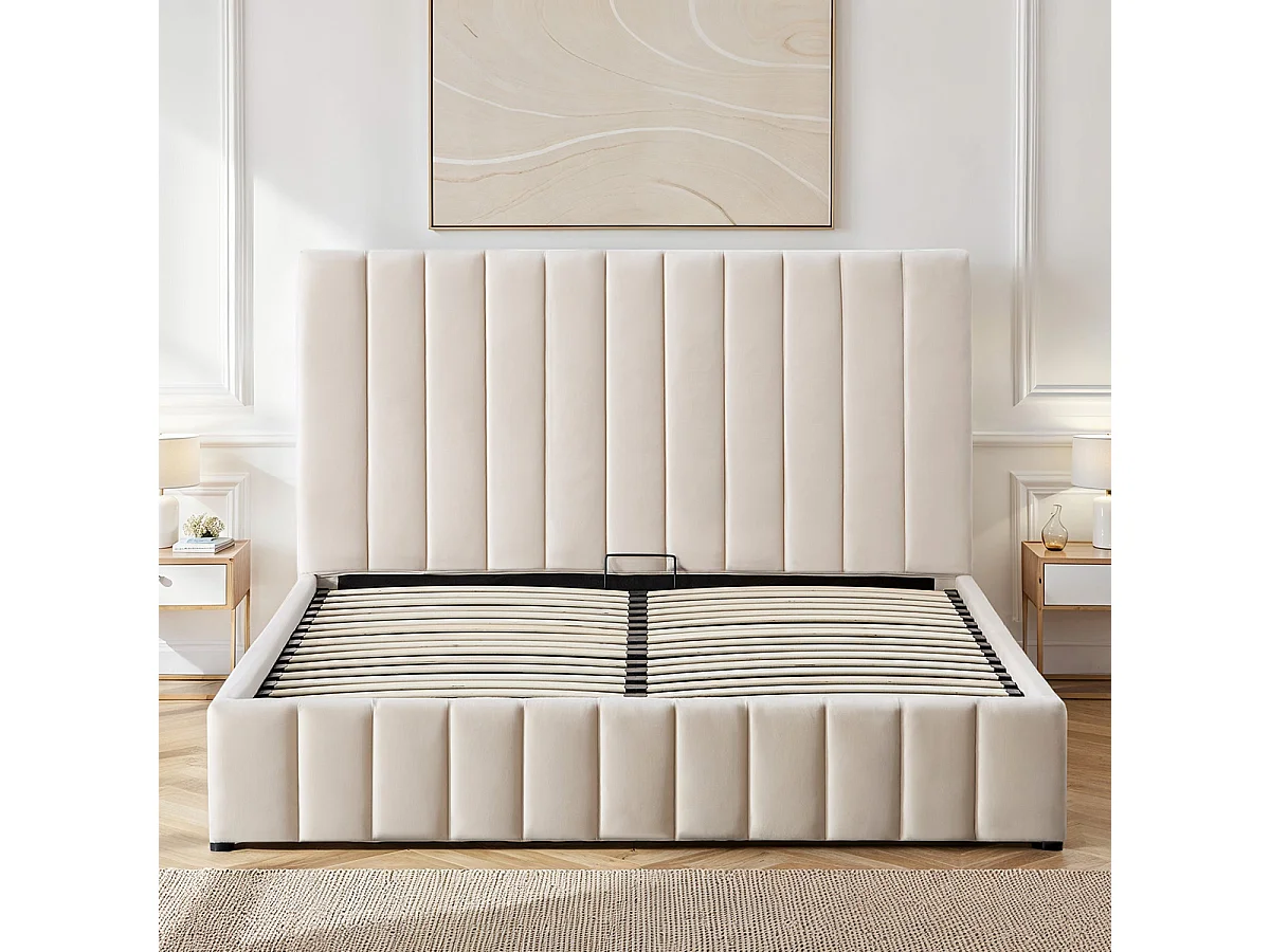 BELLECOUR LITERIE | Lit coffre velours côtelé beige TROCADERO 160x200 cm