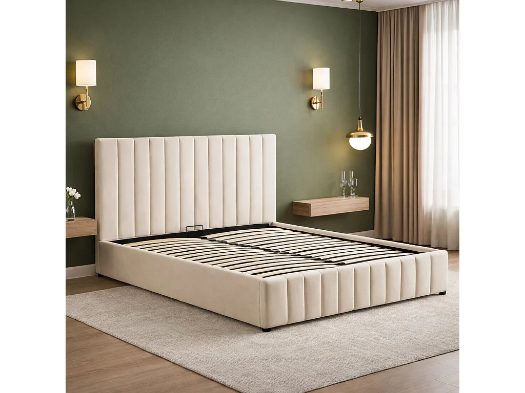 BELLECOUR LITERIE | Lit coffre velours beige TROCADERO 160x200 cm