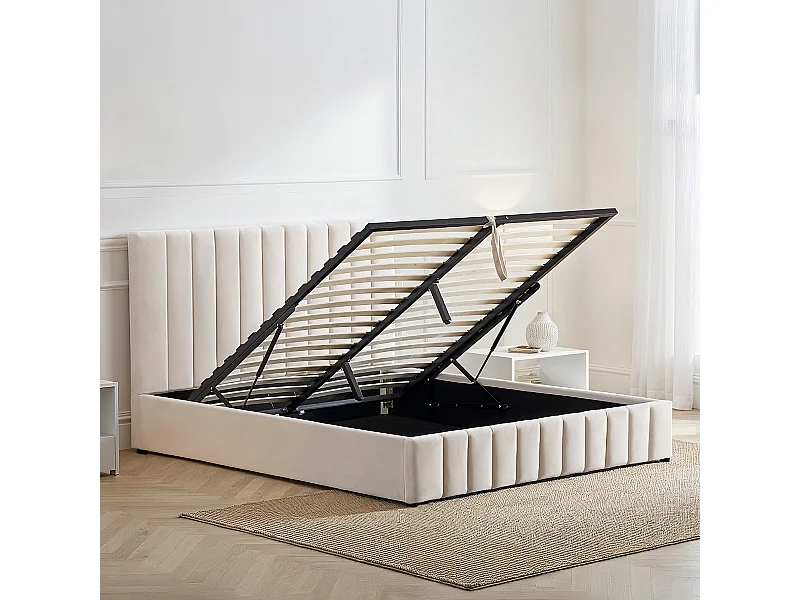 BELLECOUR LITERIE | Lit coffre velours côtelé beige TROCADERO 160x200 cm