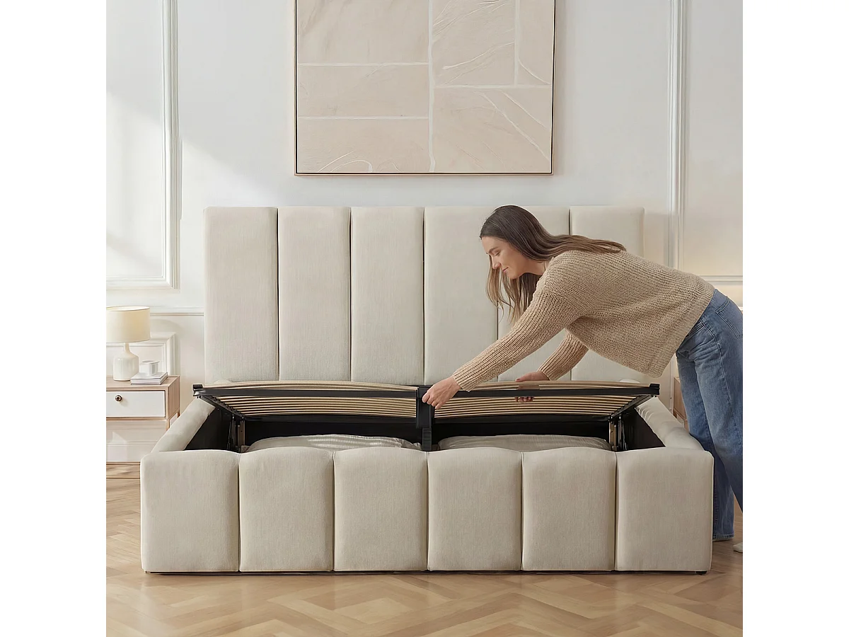 Lit Coffre Tissu Beige MADELEINE