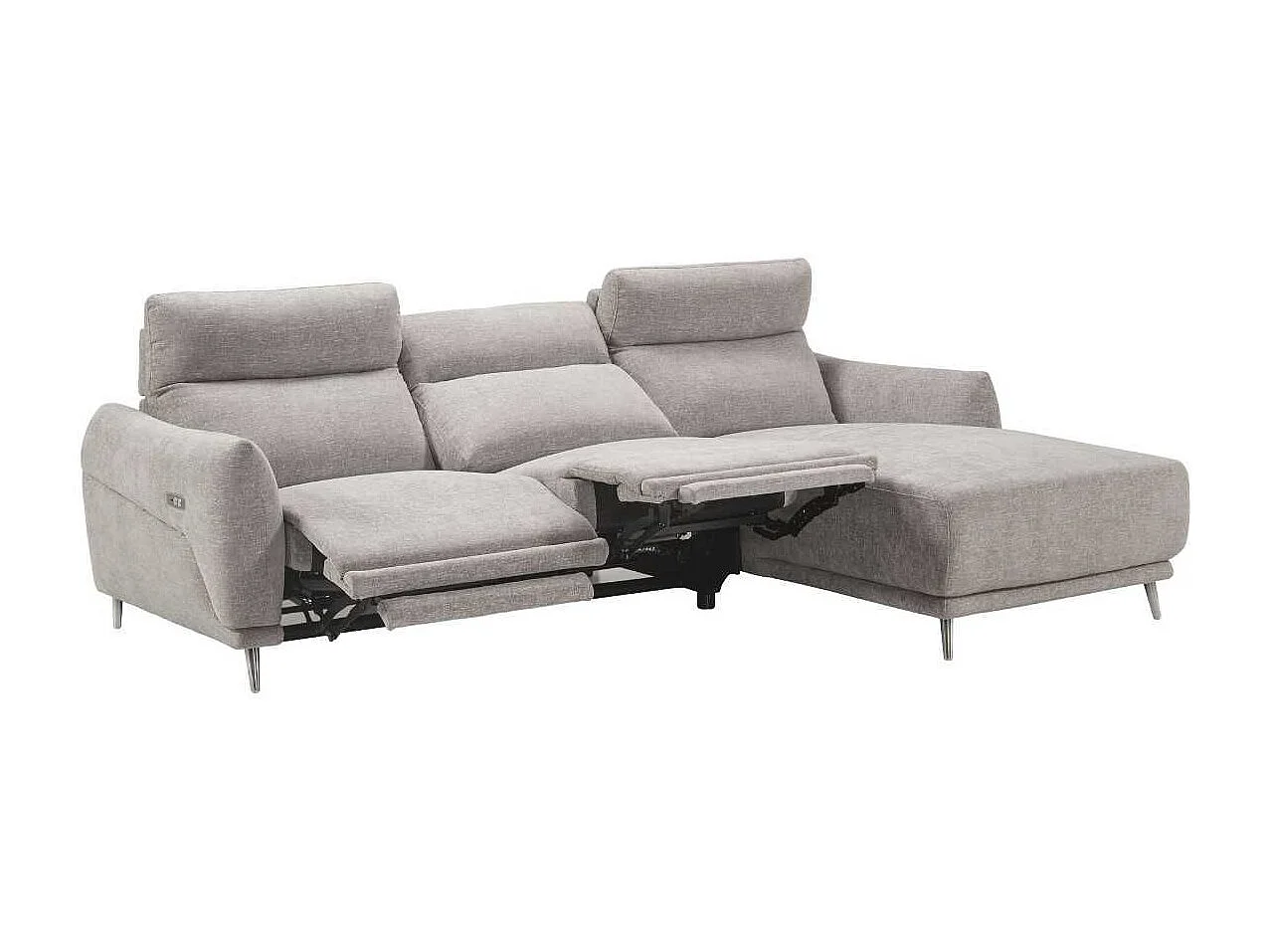 Canapé 3 places relax électrique avec méridienne droite tissu polyester chiné gris clair - SANTIAGO