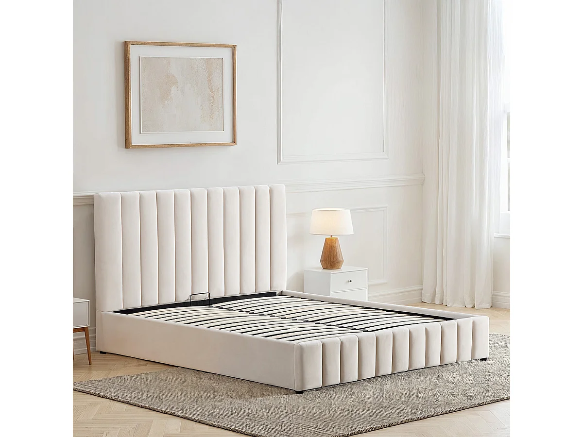 BELLECOUR LITERIE | Lit coffre velours côtelé beige TROCADERO 140x190 cm