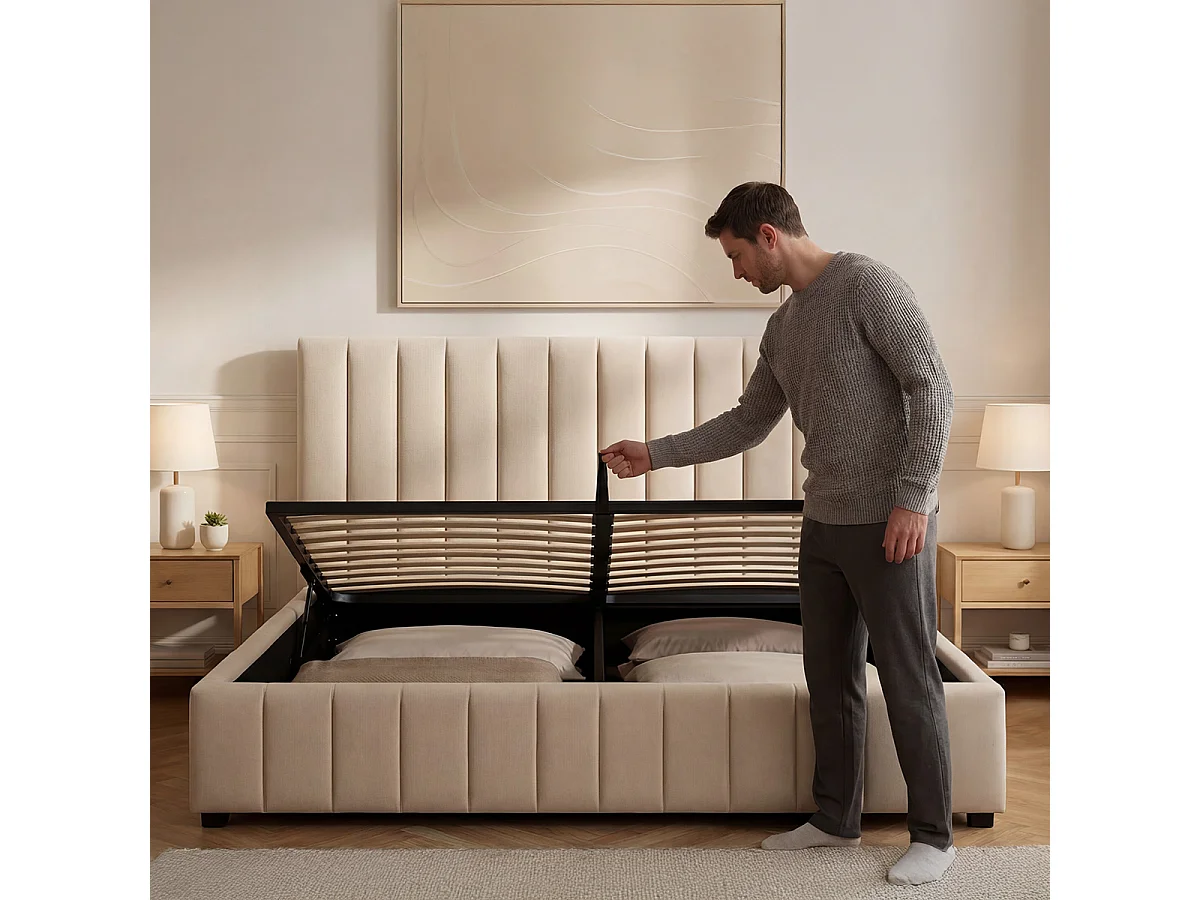 BELLECOUR LITERIE | Lit coffre velours beige TROCADERO 140x190 cm