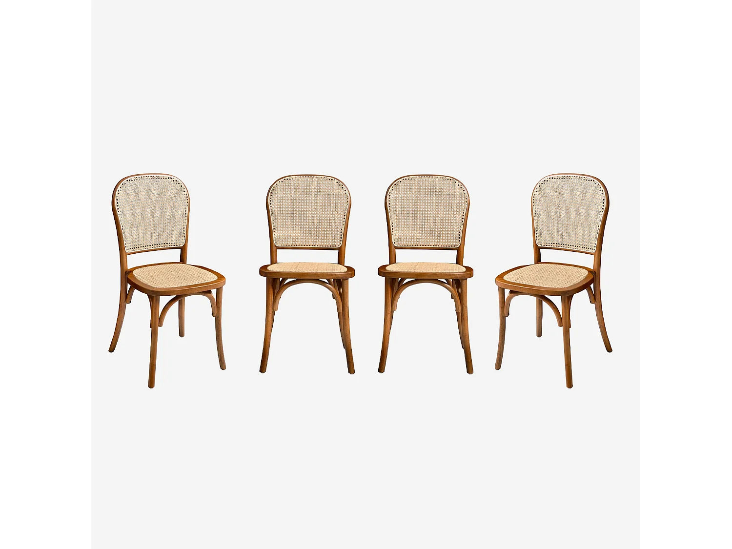Lot de 4 chaises vintage en bois avec assise et dossier en rotin. coloris noyer. L 44.5 x P 48 x H 89.5cm