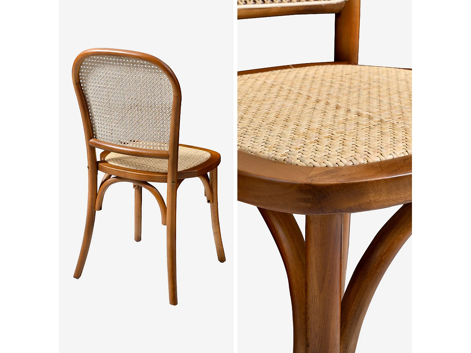 Lot de 4 chaises vintage en bois avec assise et dossier en rotin. coloris noyer. L 44.5 x P 48 x H 89.5cm