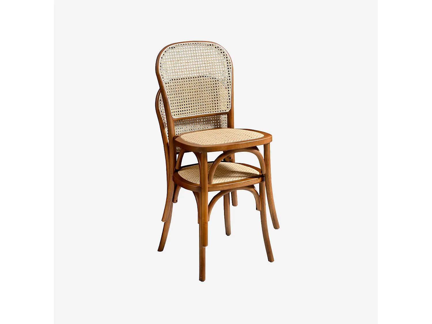 Lot de 4 chaises vintage en bois avec assise et dossier en rotin. coloris noyer. L 44.5 x P 48 x H 89.5cm