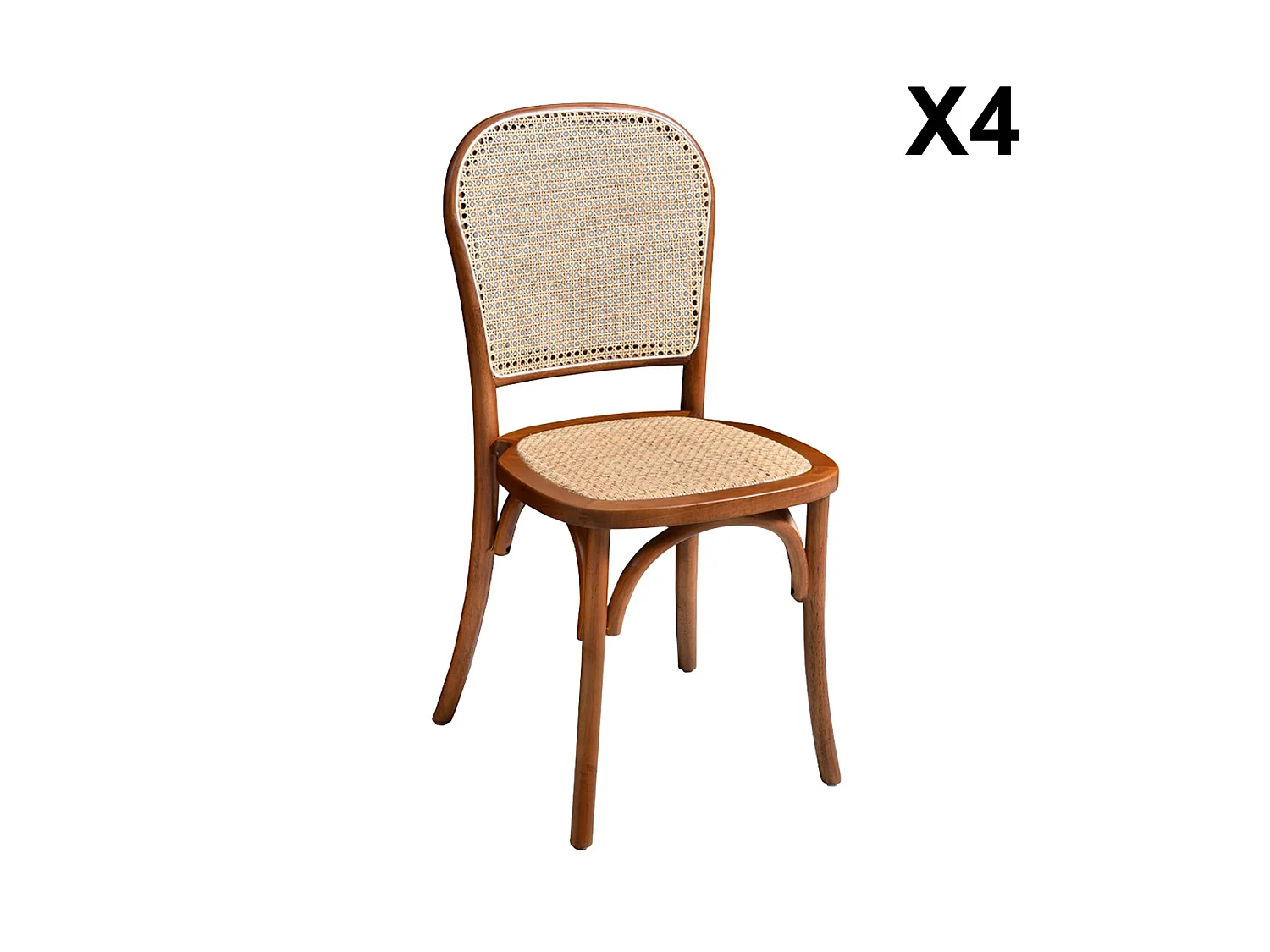 Lot de 4 chaises vintage en bois avec assise et dossier en rotin. coloris noyer. L 44.5 x P 48 x H 89.5cm
