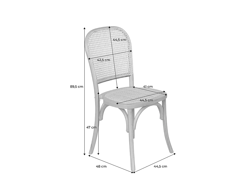 Lot de 4 chaises vintage en bois avec assise et dossier en rotin. coloris noyer. L 44.5 x P 48 x H 89.5cm