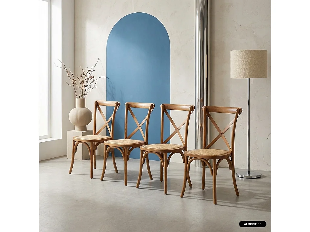 Lot de 4 chaises de bistrot en bois d'hévéa effet noyer. vintage. assise en rotin. empilables