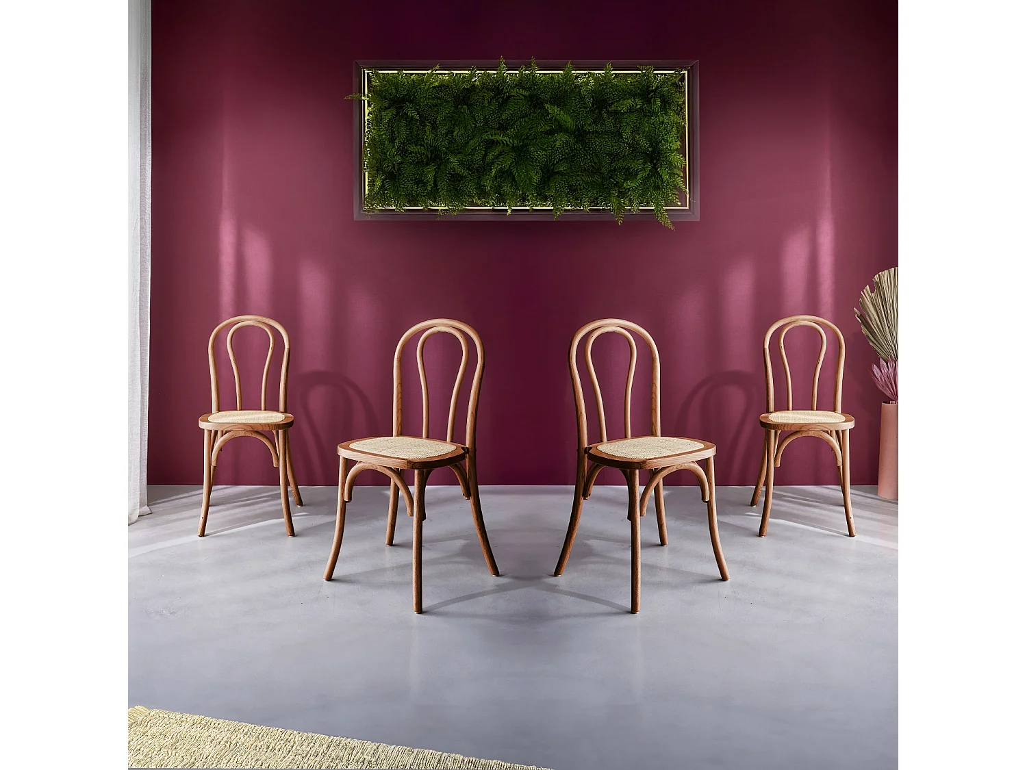 Set di 4 sedie vintage in legno e rattan, effetto noce