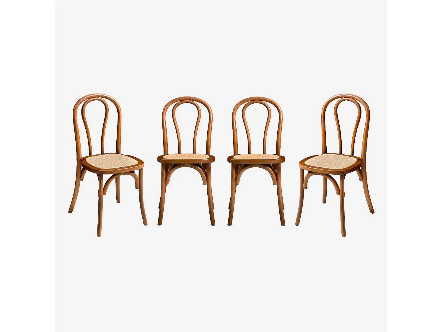 Silla vintage de madera y ratán, set de 4 nogal