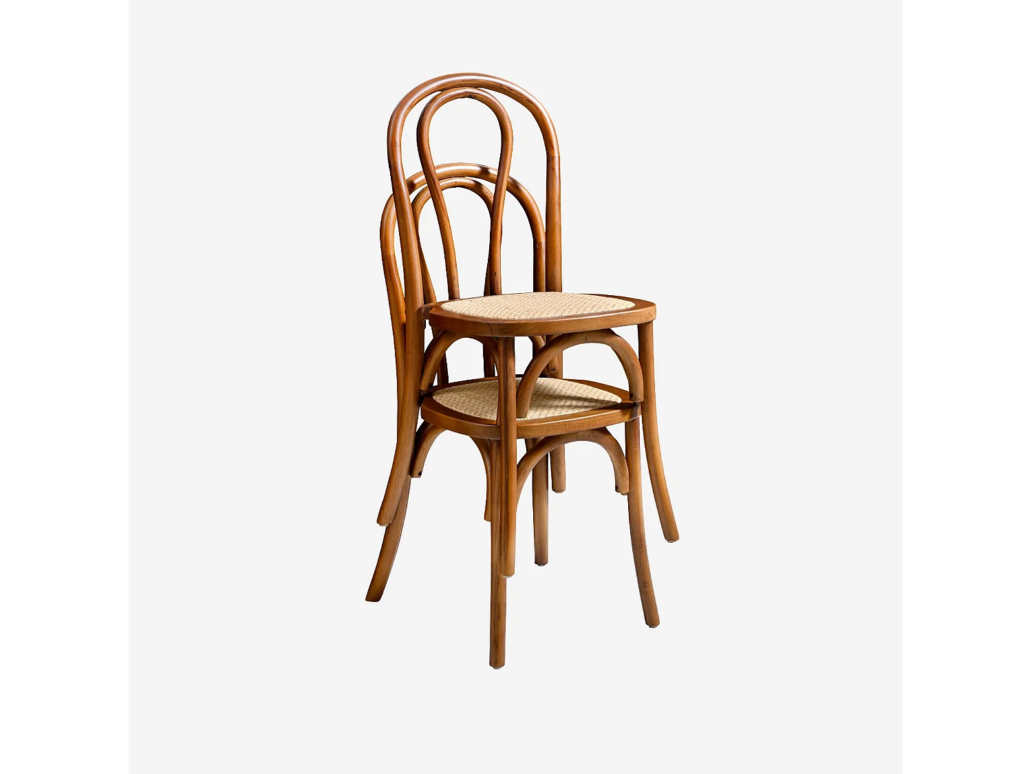 Silla vintage de madera y ratán, set de 4 nogal